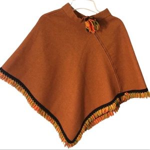 Vintage wool boho poncho with PomPom closure and trim sz small rust orange color